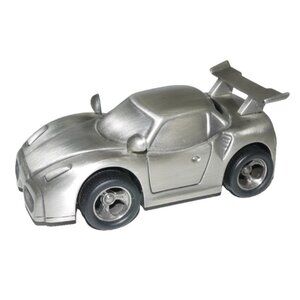 SHERIDAN silver race car piggy bank coin still non tarnish pewter 4.75" long